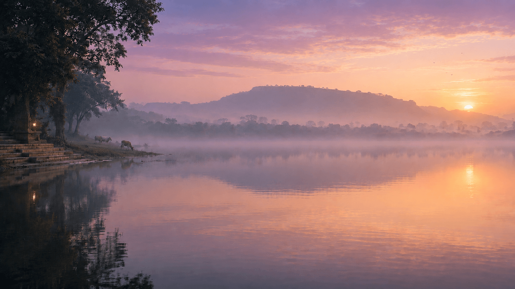 Misty sunrise over a quiet lake
